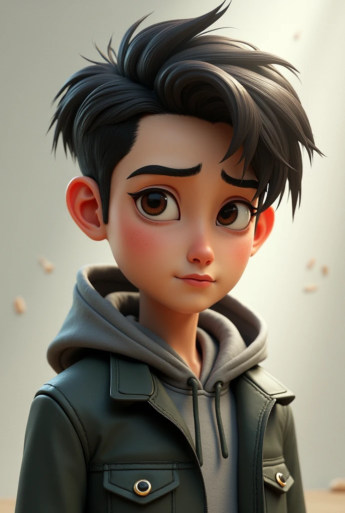Boy with a red jacket and a red hood and his body looks stocky but his face is tender