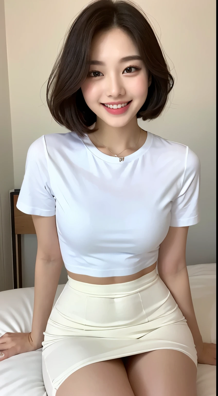 White tight skinny shirt、White Mini Skirt、bed、smile、Short sleeve、High resolution、Korean idol face、double eyelid、White teeth、short hair