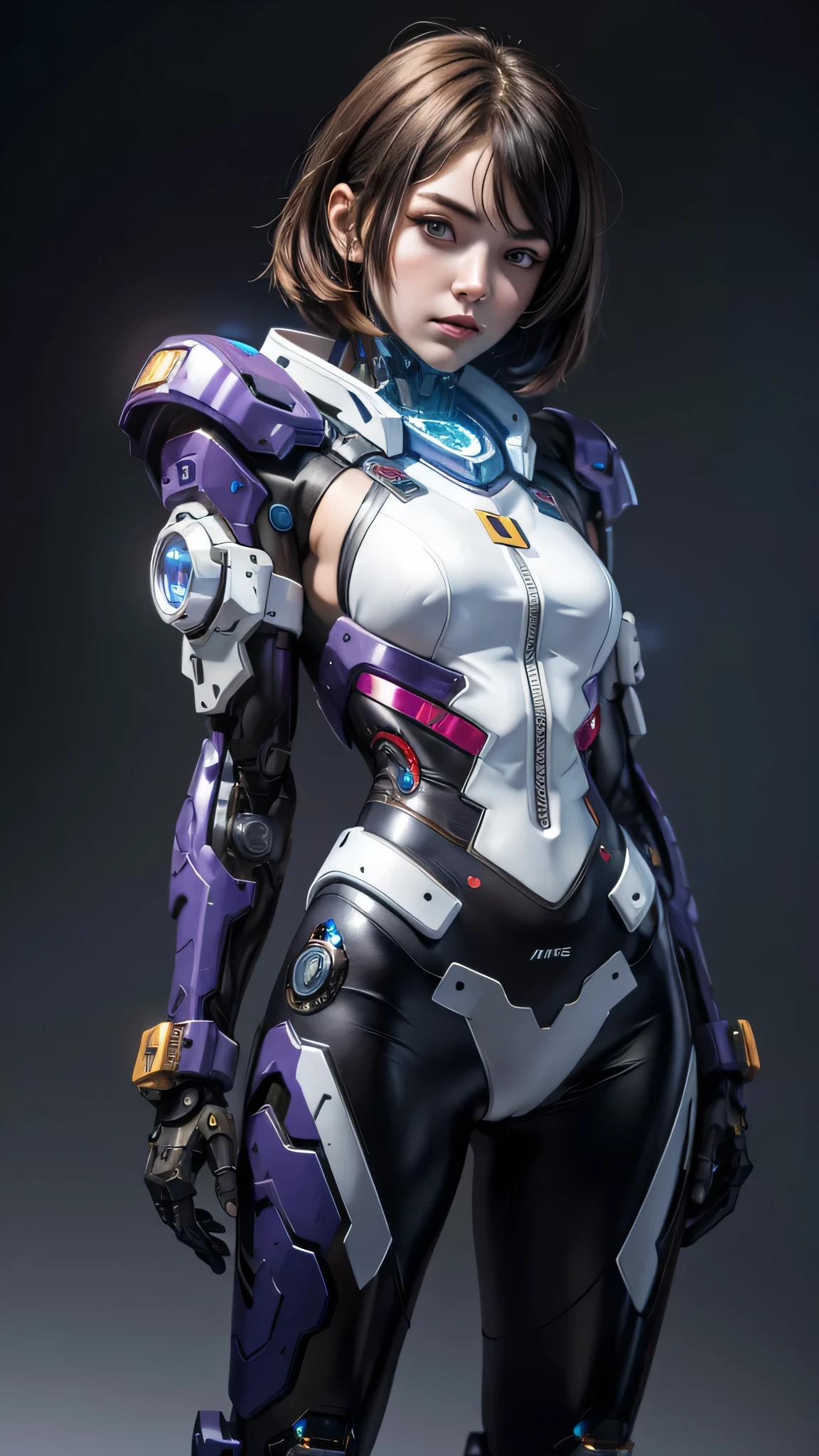 A close-up of a woman in a futuristic suit with purple hair, female cyberpunk anime girl, girl with mecha cybernetic armor, linda chica cyborg, cyberpunk anime girl mech, 3D 8k rendering character art, cyberpunk anime girl, cyberpunk anime digital art, perfect anime cyborg woman, ross tran 8k, cyber suit, cyber suit, anime ciberpunk
