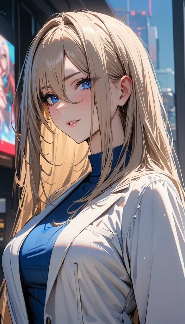 2D Anime Style、Beautiful blue eyes(Talented lo-fi:1.3),breasts are slightly larger、Blonde Shorthair,Cool adult woman with an embarrassed expression.,sticking out the tongue,White knitted dress,Wearing a white knitted hat,Wear a long coat,walking in city,European-style cityscape,