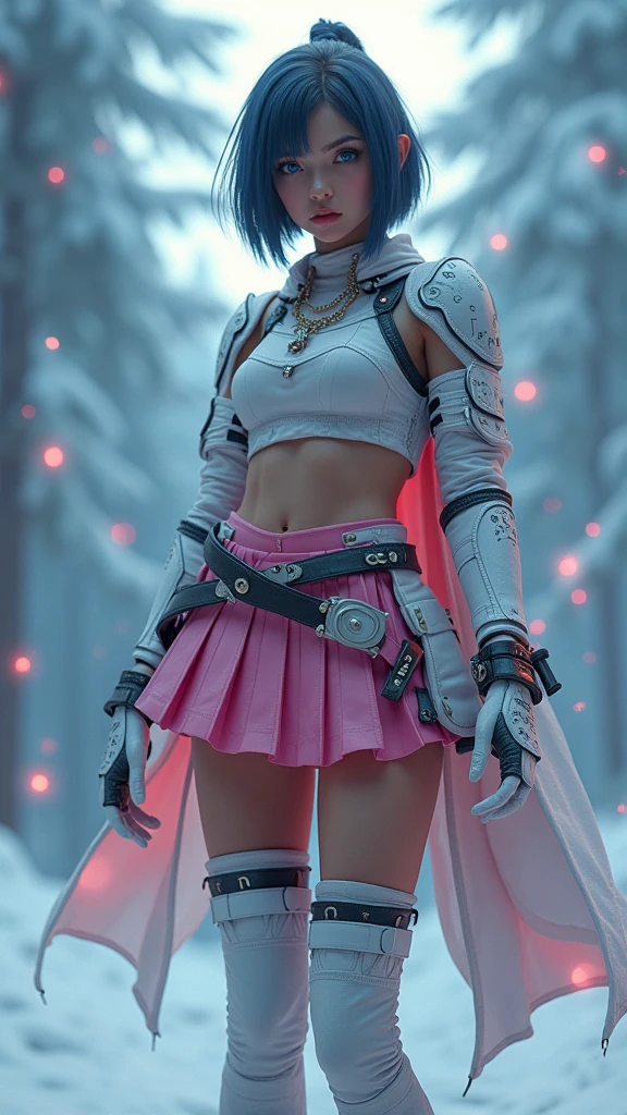 (Masterpiece), (Best Quality), Realism, Cinematic Light, Cool Pose, Battlefield Background, Perfect Figure, White Eyes, Short Pink Hair, Full Body, Long Legs, Pink Miniskirt, High Heels, Pink Longsword in Hand