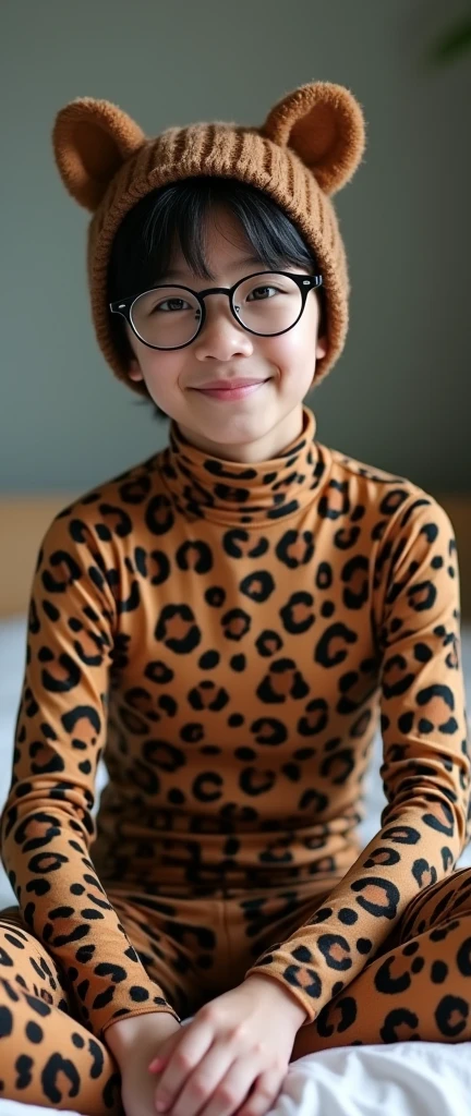 The most beautiful,thin,most pretty and clever Asian teenager boy wears leopard print lycra turtleneck unitard catsuit covered with spots.She always wear leopard print lycra dancewear stretchy hood covered with many spots.He sits on the bed and reads a lot of newspapers