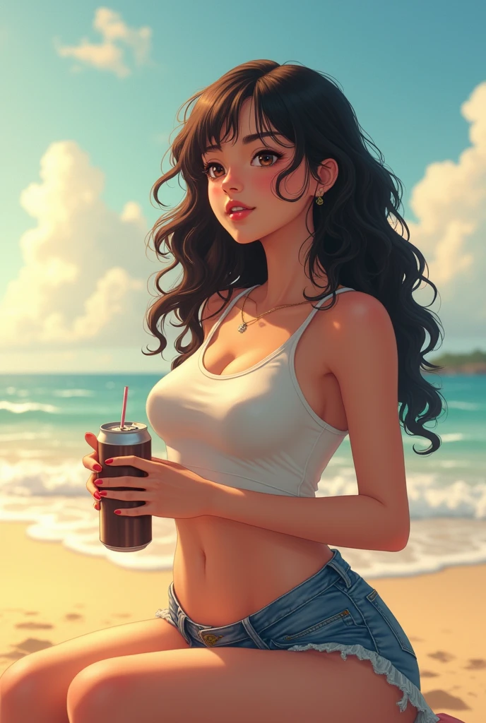 1girl, (flat chest), brown skin, (very small straight nose:1.1), big eyes, black eyes, clothes, Arabian, (realistic, highly detailed, masterpiece, best quality, photography:1.3), Beach background, portrait, drinking Starbucks posing for a photo