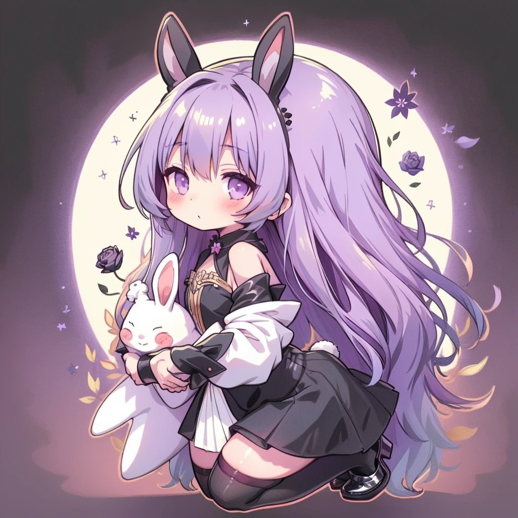 Chibi、Purple background、Black clothes、Long sleeves with flared cuffs、Shoulders are exposed、One-piece flared skirt、Holding a stuffed rabbit in one hand、black and white socks、Gothic Shoes、Front facing the viewer、Black Rose、🌙、