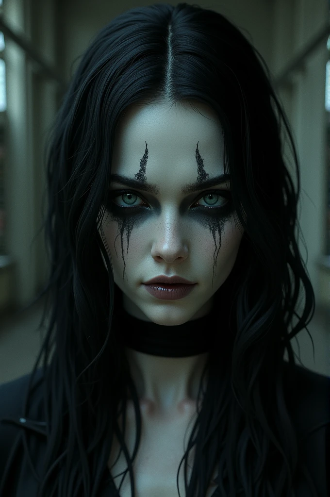 Film noir effect, color effect solo, reaper, Female, scary look, creepy look, horror, sew lips, seductive body, Anime-inspired, huge braid, extremely detailed, gothic clothing, tattooed, frowning, dark theme, heterochromia, terrifying, colored eyes and lips, Satanic Symbols