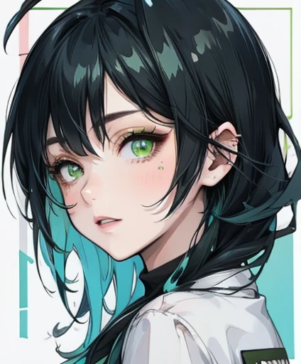 female with black hair and green eyes