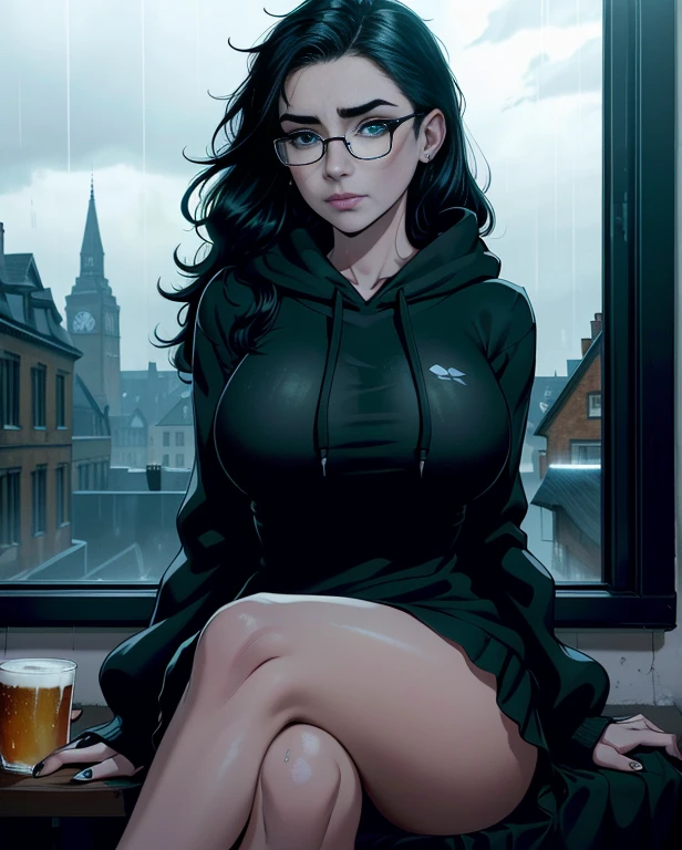 Best quality, volumetric lighting, cool ambient lighting, masterpiece, ultra high res, 4k, (soft round detailed face), (awkward expression), (detailed green eyes), (very pale light skin), (bare legs), detailed black hair, ((long messy greasy hair)), (wearing rounded glasses), ((bushy fluffy pubic hair)), unwashed, unkempt, tired, sleepy, disheveled, t shirt, sweat, sweaty, bottomless, sitting on a sofa, nerd, geek