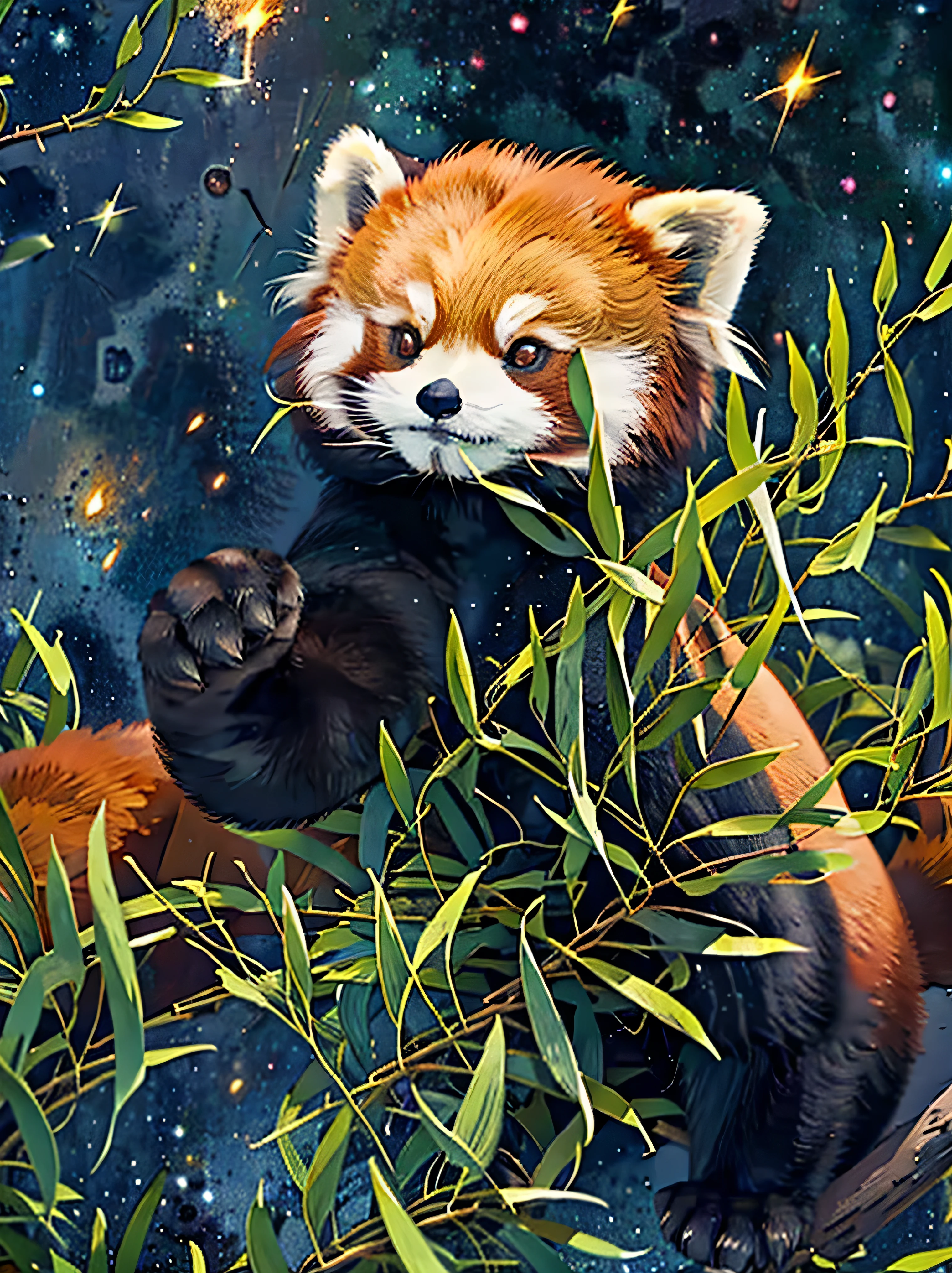 a close up of a red panda sitting on a hill under a starry sky in a bamboo forest, vector art by Kubisi art, tumblr, stars in her gazing eyes, night starry sky full of stars, dark and stars in the background, in outer space, moon, star pupils, short ears, looking at viewer 