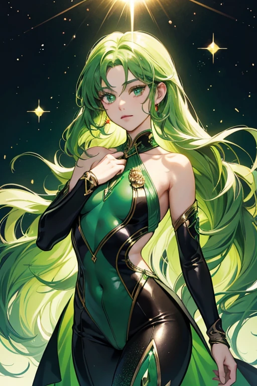 ((Best Quality)), ((Masterpiece)), ((Realistic)) and watercolor drawing of a frog girl with goth colors. Green skin. She has ((starlight hair)), wears a (small black micro-thong:star motif ) (bare navel) , ((beautiful and aesthetic)), muscular fit body abs, sexy, under-boobs, hot, (star filled sky background) (clear background:1.35), (particles ,firefly, blue glowing):1.3,
