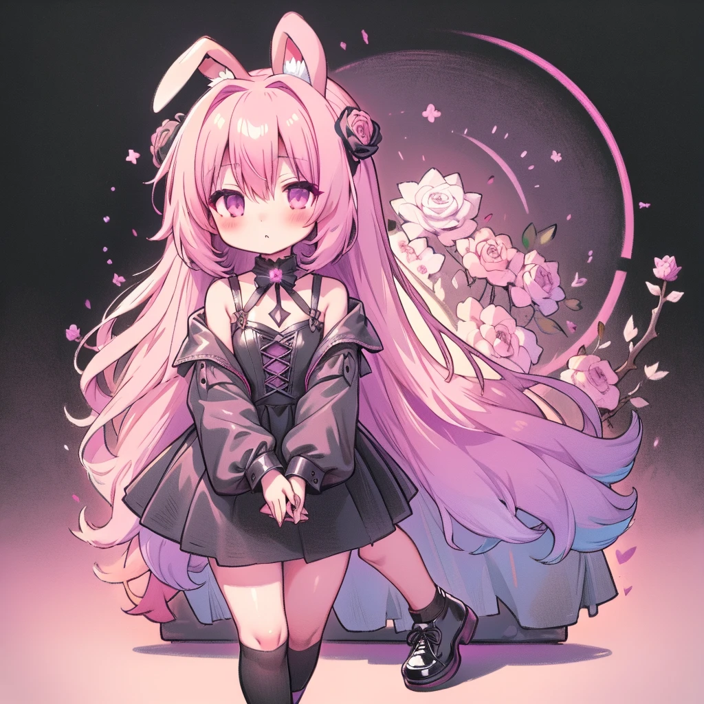 Chibi、Magenta Background、Black clothes、Long sleeves with flared cuffs、Shoulders are exposed、One-piece flared skirt、Holding a stuffed rabbit in one hand、black and magenta socks、Gothic Shoes、Front facing the viewer、Black Rose、🌙、Perfect Anatomy