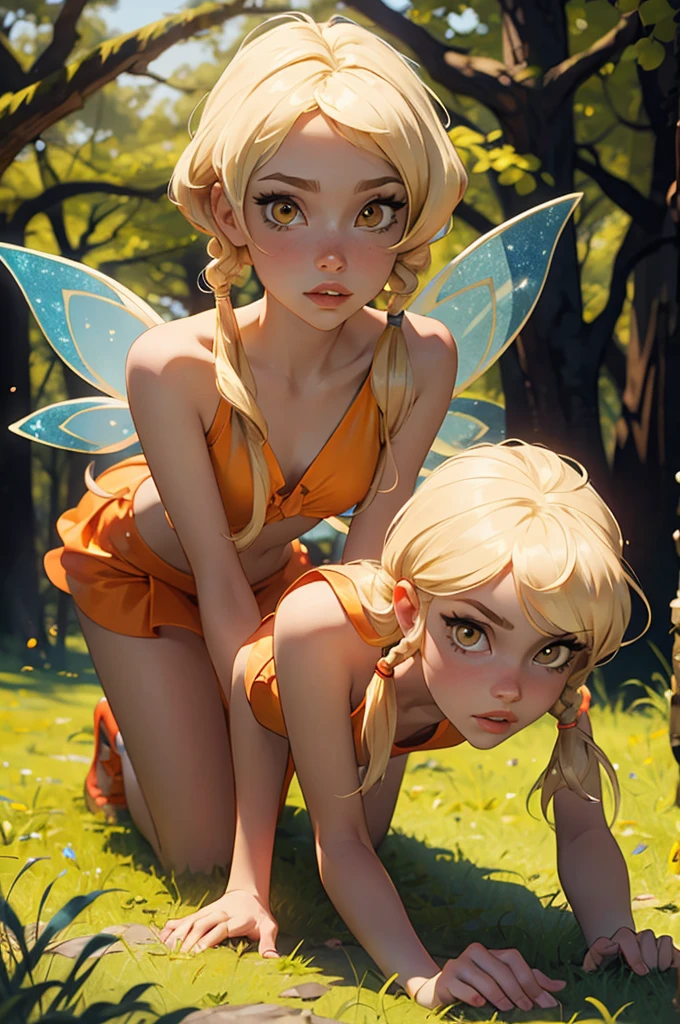 (masterpiece, best quality:1.4), (8K), Young blonde beauty, (((2 girls in love, 18 years old, neat girl))), detailed blue eyes, long eyelashes, blush, kind smile, horny, upper body, topless, small ass, slender thin legs, vagina, pink skirt, (looking at viewer), beautiful blonde hair, white-skinned, straight bangs, pigtails, squeezing , kissing, fingers touching vagina masturbating (small breasts), (mushroom forest, celestial forest, beautiful and magnificent pink sunshine, majestic sky), natural light, pastel colors)
