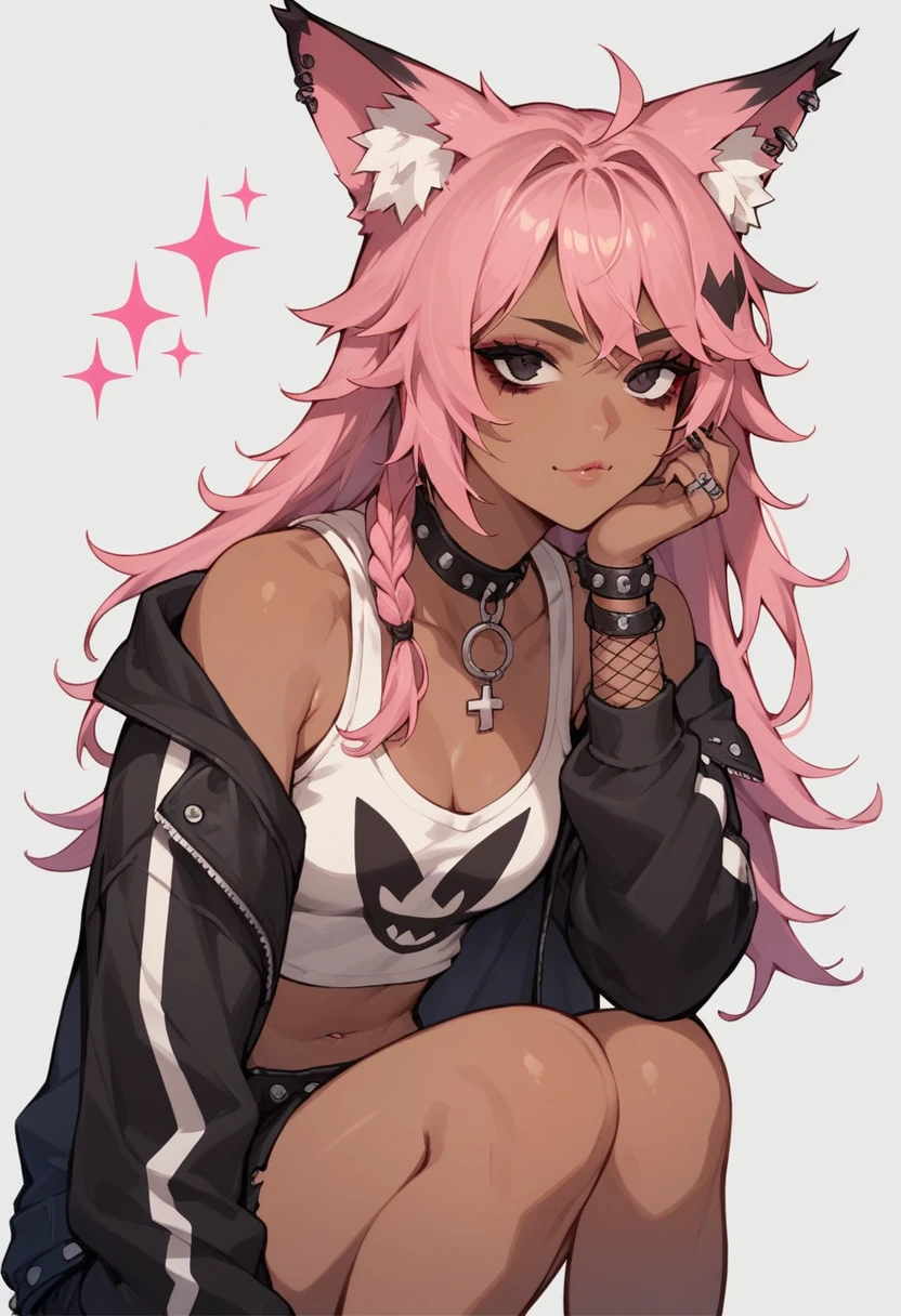 A fox girl, dark skinned, with white and pink hair and black eyes with sparkles, wearing emo clothes.