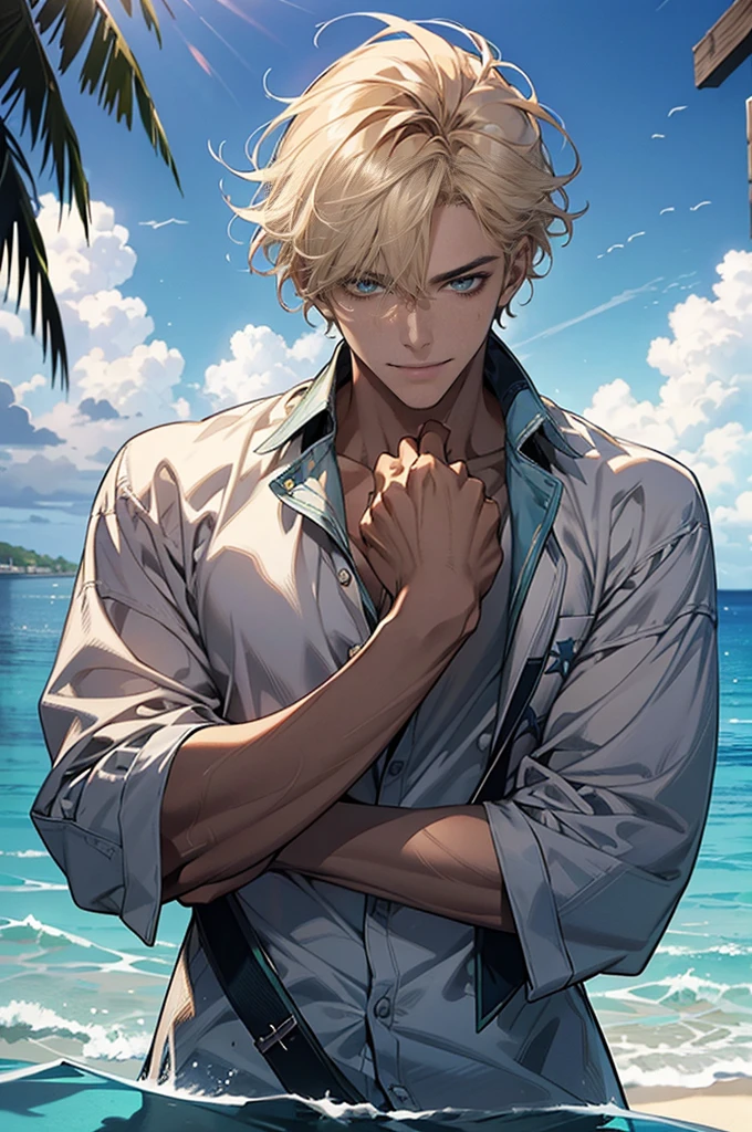 Blonde Mohawk, cigarette, sea, young man, halo, white shirt