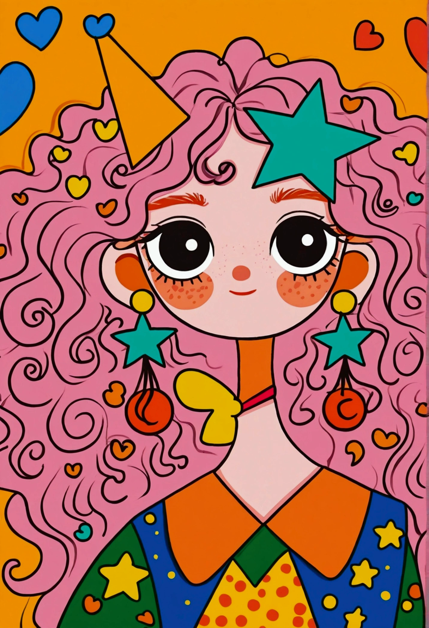 The characters in the illustrations have natural expressions，long, Pink curly hair, Decorated with orange and green horn hair accessories. The character wears a green shirt with an orange triangle pattern，Wearing star-shaped earrings. The background color is bright，Yellow-orange theme, Featuring red hearts, A blue square, and a blue crescent moon. The overall atmosphere is lively and wonderful, With pop art style elements. Character with eyes closed, And has a contrasting dark shade，Emphasizes its curious appearance.