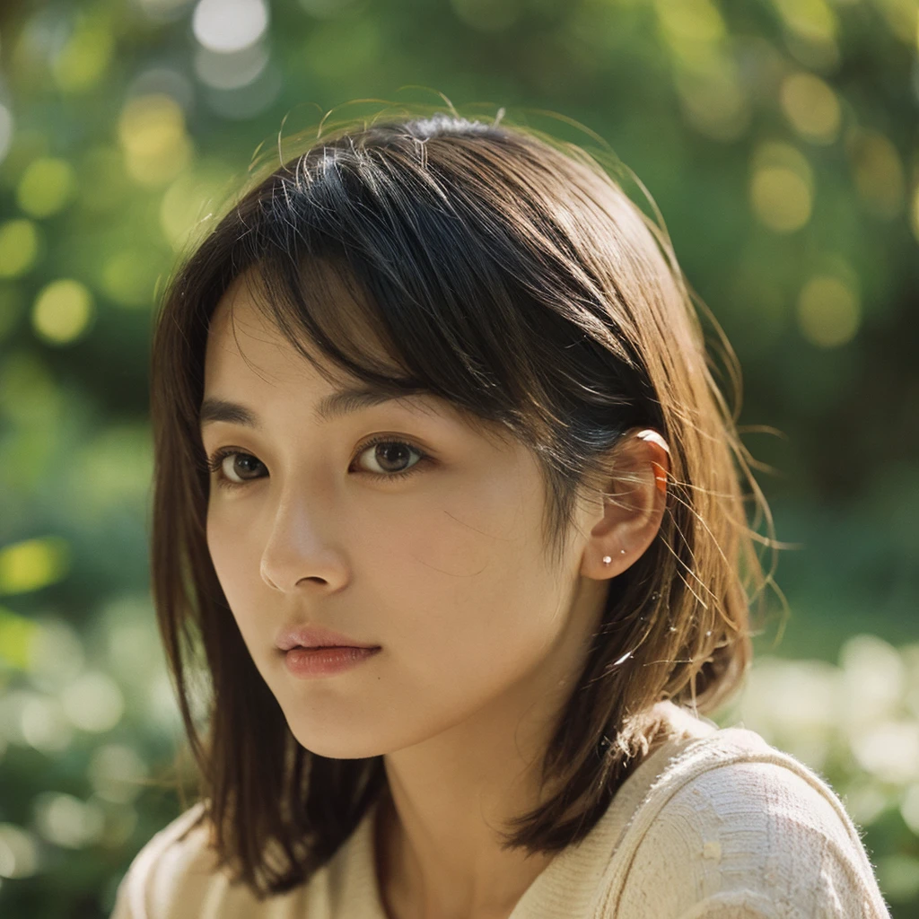 A hyper-realistic image of a single Japanese woman in her early 20s, captured with the nostalgic warmth and subtle graininess of a film camera. Her skin has a warm beige tone with a natural, slightly rough texture that includes visible pores, fine lines, and subtle imperfections such as small blemishes, adding to the authenticity of her appearance. The soft, diffused natural light enhances the film-like quality, casting gentle shadows that create a timeless, organic feel. Her straight, glossy black hair frames her face in a natural, slightly tousled manner, and her deep brown eyes reflect the ambient light, adding depth and emotion. The film camera effect introduces a slight grain and a softer focus, giving the image a warm, nostalgic atmosphere while maintaining the realistic texture of her skin. She is dressed simply, in a way that complements her natural beauty, with the overall composition designed to evoke a sense of genuine, understated elegance. The use of natural light, combined with the deliberately rougher texture of her skin and the film-like qualities, ensures that this image captures the imperfections that make her beauty truly lifelike, focusing solely on this one individual.