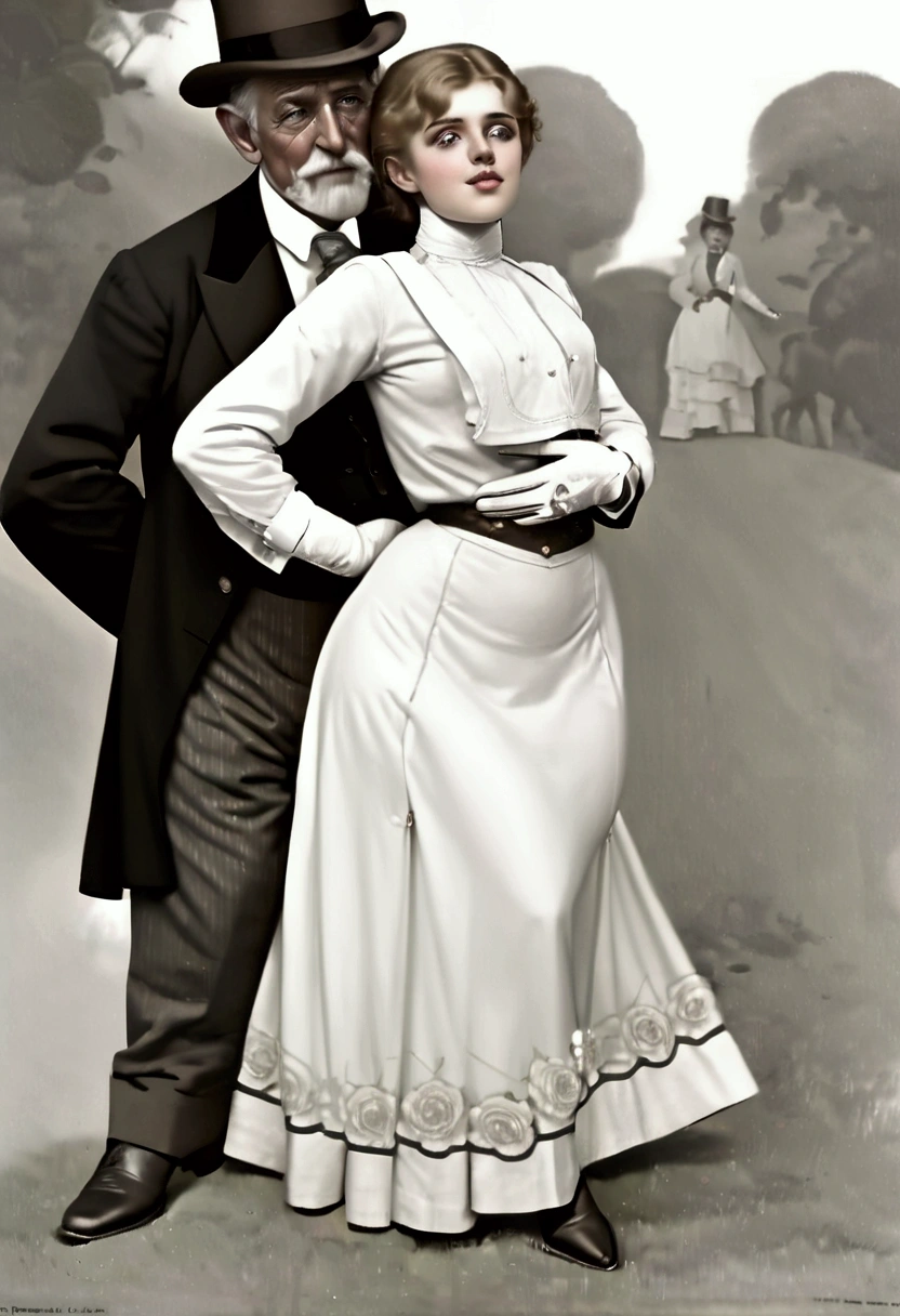 A gorgeous well-endowed **** blonde Gibson Girl bimbo (((kissed by a large horny 69yo gentleman behind her))). Year 1902. (((1900_dr3ss))). Short girl with an hourglass figure wearing an elegant white Edwardian outfit consisting of a ((high-collar long sleeve shirtwaist, long skirt, boots, gloves and a wide-brimmed picture hat with flowers)), large tits, wasp waist, massive ass. Man wearing a three-piece suit. (((Young girl and old man. Man taller than girl))). (((NSFW))). (((Realistic proportions:1.5)))