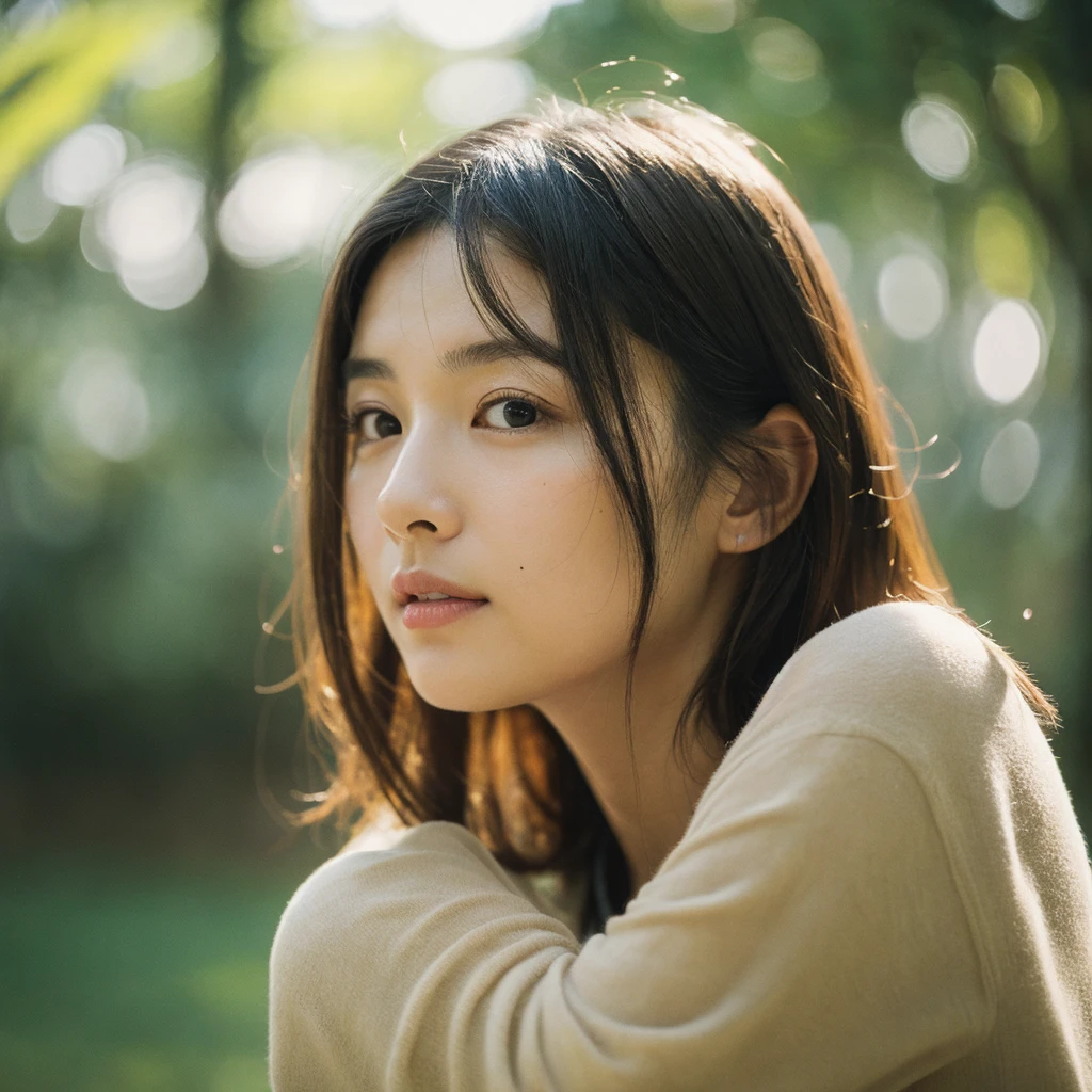 A hyper-realistic image of a single Japanese woman in her early 20s, captured with the nostalgic warmth and subtle graininess of a film camera. Her skin has a warm beige tone with a natural, slightly rough texture that includes visible pores, fine lines, and subtle imperfections such as small blemishes, adding to the authenticity of her appearance. The soft, diffused natural light enhances the film-like quality, casting gentle shadows that create a timeless, organic feel. Her straight, glossy black hair frames her face in a natural, slightly tousled manner, and her deep brown eyes reflect the ambient light, adding depth and emotion. The film camera effect introduces a slight grain and a softer focus, giving the image a warm, nostalgic atmosphere while maintaining the realistic texture of her skin. She is dressed simply, in a way that complements her natural beauty, with the overall composition designed to evoke a sense of genuine, understated elegance. The use of natural light, combined with the deliberately rougher texture of her skin and the film-like qualities, ensures that this image captures the imperfections that make her beauty truly lifelike, focusing solely on this one individual.