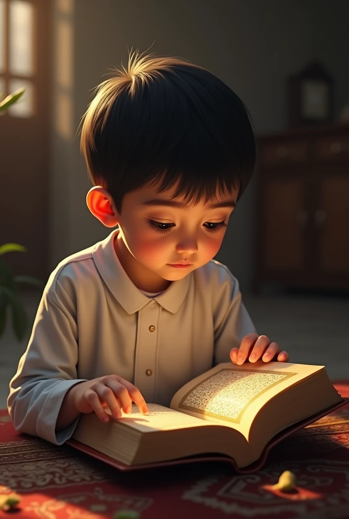 Give me a beautiful doa picture. A boy with a white cap on his head. Reading Punjabi Noorani look. And below the photo will be written in Bengali: Made by: Md: Selim