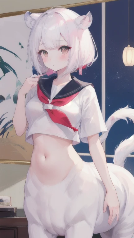 Be red in the face, exteriors, During the day, simple background, A blue sky, Rippled hair, Skysky, Lori, The expression is cute,Small short legs,head portrait,High-quality underwear,is shy,Solo dance,1girll,small curvaceous loli,A white bikini,Look from behind