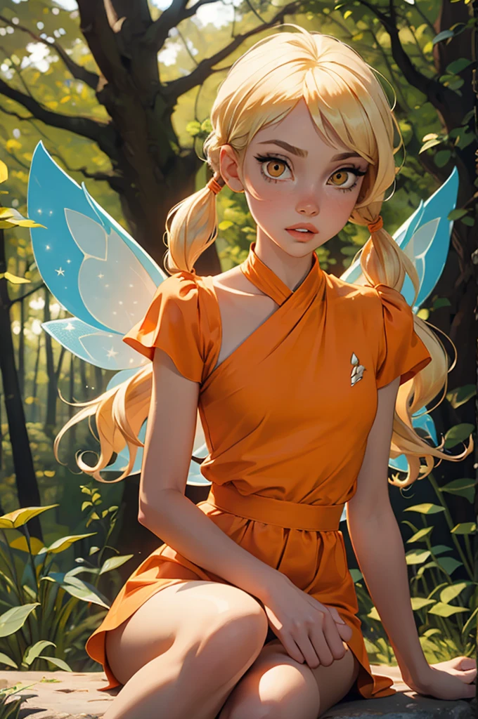 Stella, yellow eyes, blonde hair, FairyOutfit, twintails, long low pigtails, fairy wings, orange outfit, glittery clothes, sparkling clothing, looking at viewer, serious, parted lips, sitting, outside, forest, natural lighting, high quality, masterpiece,  broken wing