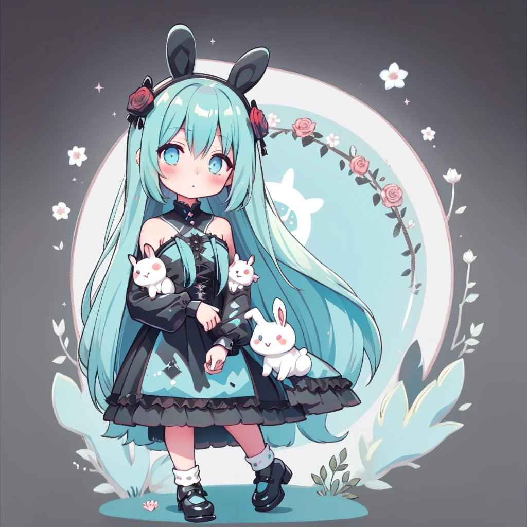 Chibi、Cyan Background、Black clothes、Long sleeves with flared cuffs、Shoulders are exposed、One-piece flared skirt、Holding a stuffed rabbit in one hand、Black and cyan socks、Gothic Shoes、Front facing the viewer、Black Rose、🌙、Perfect Anatomy