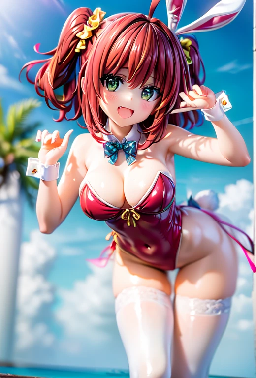 best quality, masterpiece, extremely detailed CG, official art , professional lighting, detailed background, sakimiyairuka, red hair, green eyes, one side up, medium hair, green scrunchie, hair ornament, gleaming skin, big breasts, groin, (playboy bunny, black pantyhose, bowtie, wrist cuffs)