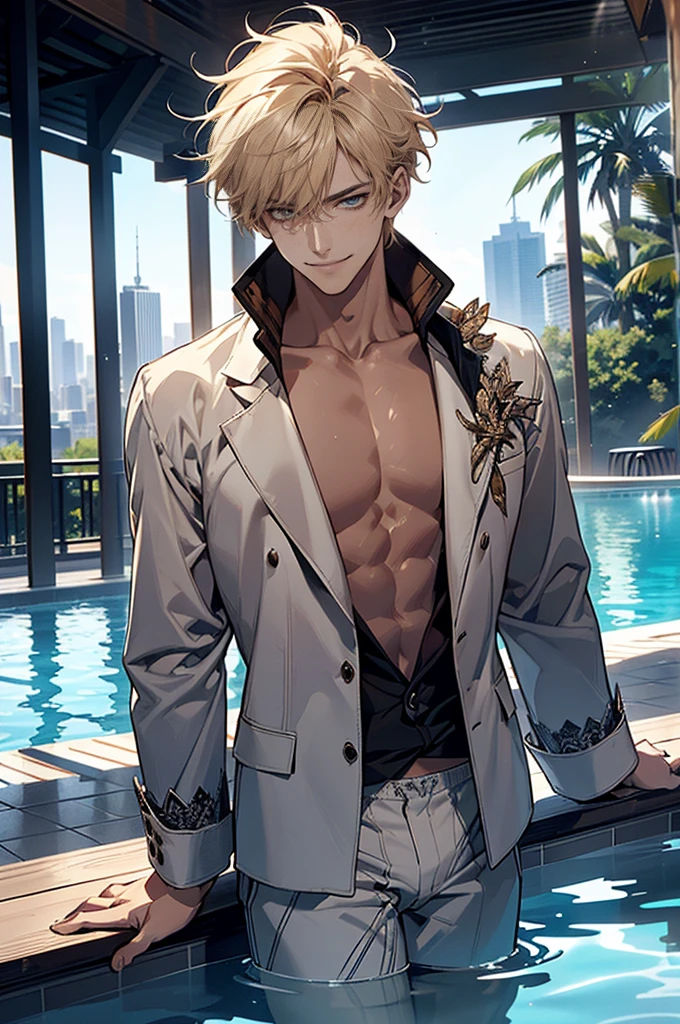 usui takumi\(maid sama\), solo, 1boy, looking at viewer, male focus, green eyes, short hair, bangs, blonde hair, hair between eyes, long sleeves, white shirt, male focus, sad smile, intdoors, open clothes, belt, wet, open shirt, blue flower, glitter, <lora:Usui_Takumi_No_commercial_use_is_allowed_LoRA:0.5>