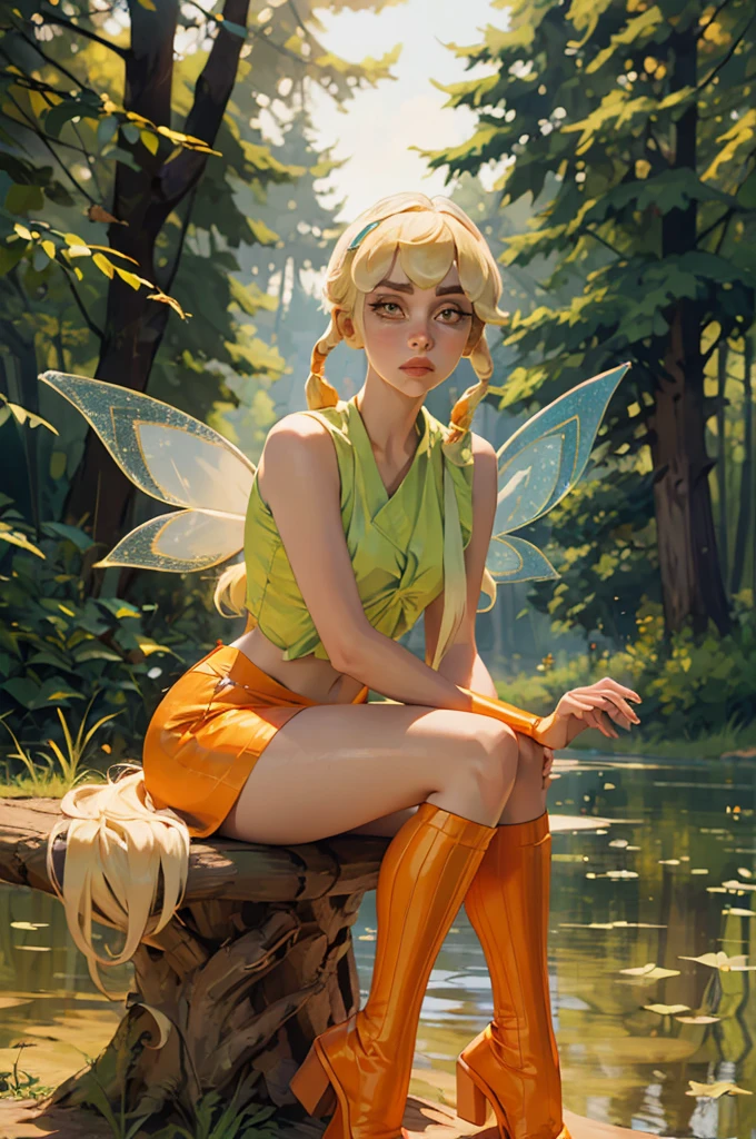 Stella, yellow eyes, blonde hair, FairyOutfit, twintails, long low pigtails, fairy wings, orange outfit, glittery clothes, sparkling clothing, looking at viewer, serious, parted lips, sitting, outside, forest, natural lighting, high quality, masterpiece,  broken wing