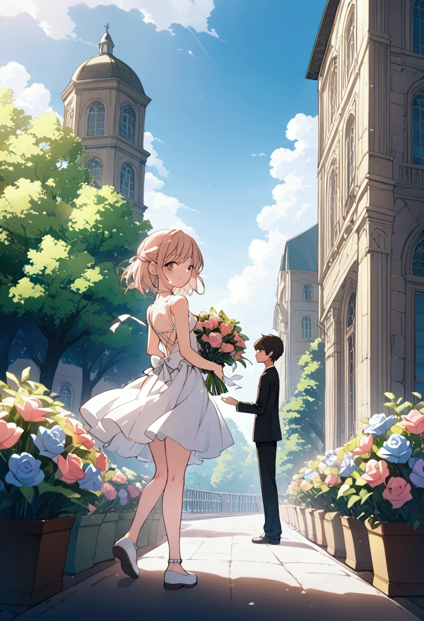 A short hair girl giving a bouquet of flowers to a tall boy. School background, girl is bowing down and arms outstretched giving a bouquet of flowers to, the boy is smiling at the girl, full body view, back facing to the camera, back view, full body view, front view, anime scene.