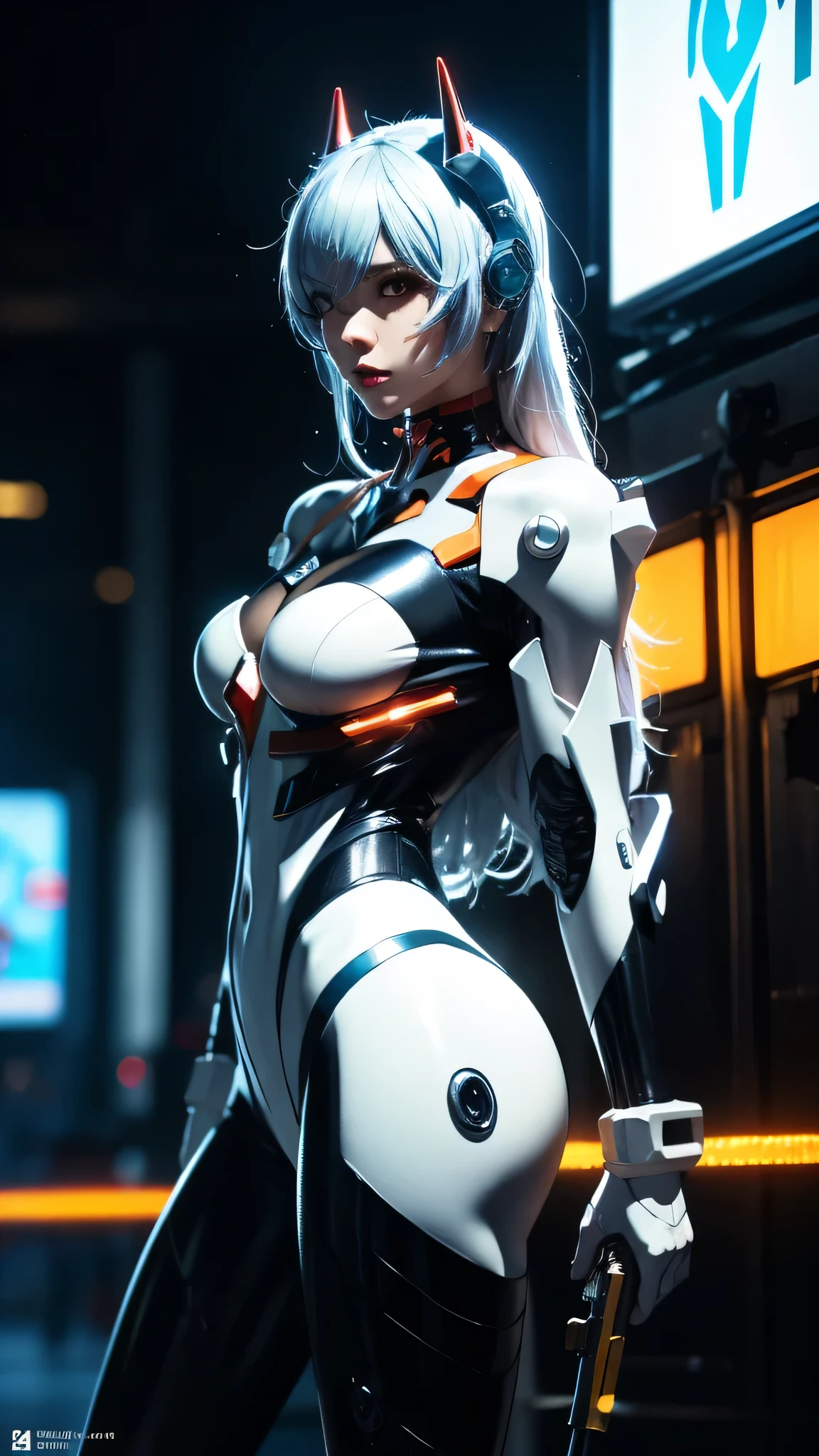 1girl, a beautiful girl cyborg cyberpunk with a cyberpunk city tall buildings, white hair, cybermask, white and orange and black machine suit color combination, the body full of machine, realistic futuristic hologram, asian skin tone, beautiful eye, beautiful asian face, cyber ear machine, suits is solid mecha, realistic machine, sci fi scape, manipulation is a masterpiece, long hair, masterpiece, suit of cyberpunk, realistic sci fi building texture mecha aestethic, digital cyberpunk, looming over a city, cyber technology, realistic hair, lots of hair, white of hair, realistic metal solid texture of building, realistic neon glow, realistic neon sign, wonderful side lighting, realistic futuristic cyberpunk building, realistic girl robot cyberpunk, fog, foogy, masterpiece of detail, RAW IMAGE, depth of field, point of interes, depth of field is masterpiece, best photography composition masterpiece, natural realistic hair, rule of third masterpiece photography, natural lighting, photography masterpiece natural lighting from side, realistic skin texture, strong reflection, ( pose pinterest) masterpiece beautiful, Devil Horns, smooth pixel, ray of light, soft light, small breasts, mastepiece of cyber mask, masterpiece fantasy gun, carry a fantasy weapon, weapon fantasy (artstation)