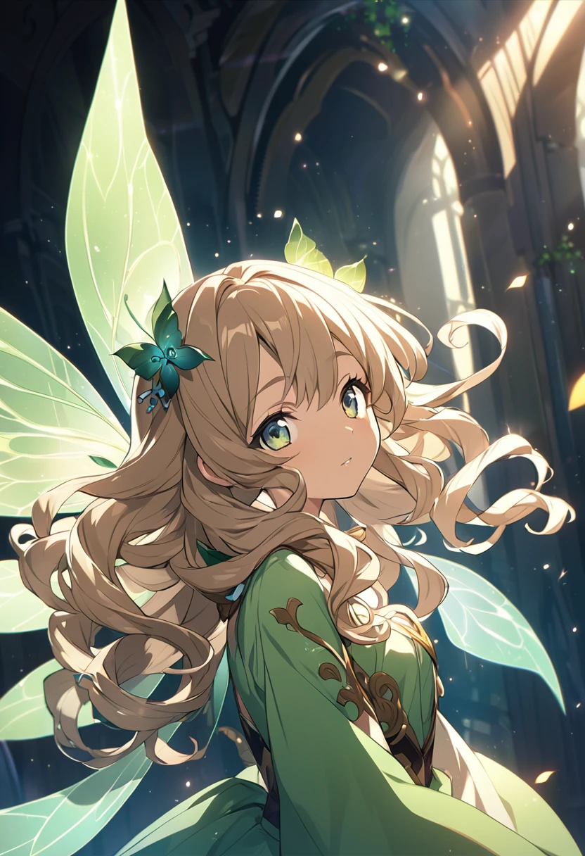 Fairy girl, anime art, curly hair, extremely beautiful, fairy wings, focus on the face