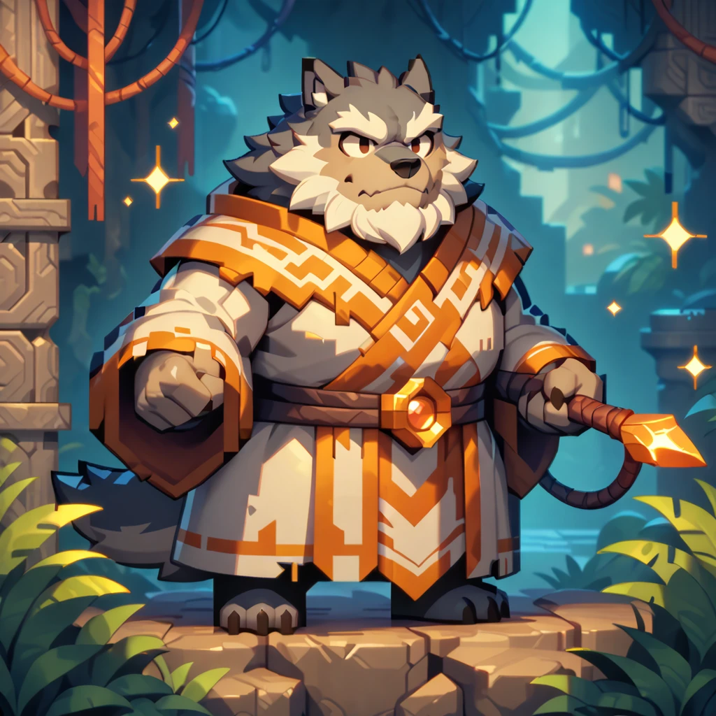 masterpiece, best quality, very aesthetic, absurdres, BREAK noise reduction, BREAK pixel art, [face:full body:10], looking away, dynamic angle, summoner, plump middle-aged wolf man, fluffy body, tail, brown eyes, beautiful beard, male face, big face, square jawline, male eyes, sharp eyes, big eyes, male eyebrows, innocent look, BREAK whip, summoning salamander, dynamic pose, BREAK [simple background::12], starry sky,  jungle ruins, outdoor,  