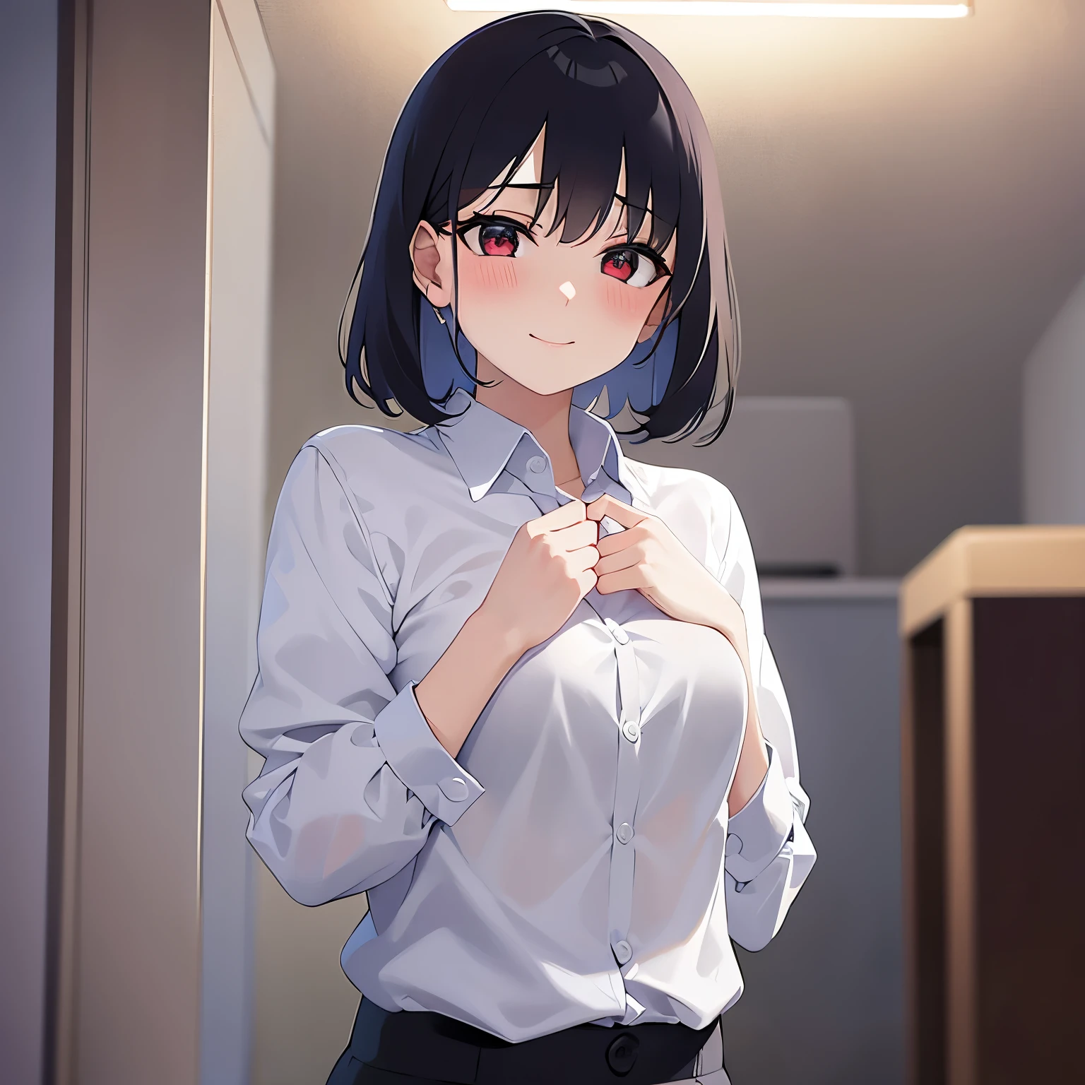 nsfw,vaginal penis,((1man and 1woman,POV,having sex:1.5)),standing sex,((perfect anatomy:1.5,realistic:1.3,RAW Photography:1.3,masterpiece、highest quality、Ultra - High resolution、High resolution、Highly detailed CG、8K)),cowboy shot,1 female,solo,dancer,18-year-old、High school girl beautiful girl,Japanese,((beautiful detailed face and eyes:1.2,big gorgeous eyes:1.2,gray eyes)),dark brown hair,short bob hair,bangs,medium breasts,slender body,small head:1.3,skinny,(oily skin,gleaming skin,shiny skin、sweat:1.5),((white shirt with collar、crop top、Pleated micro mini skirt))、((rolled up skirt:1.5、vagina)),standing,locker room,Backstage、Harajuku、Tokyo、