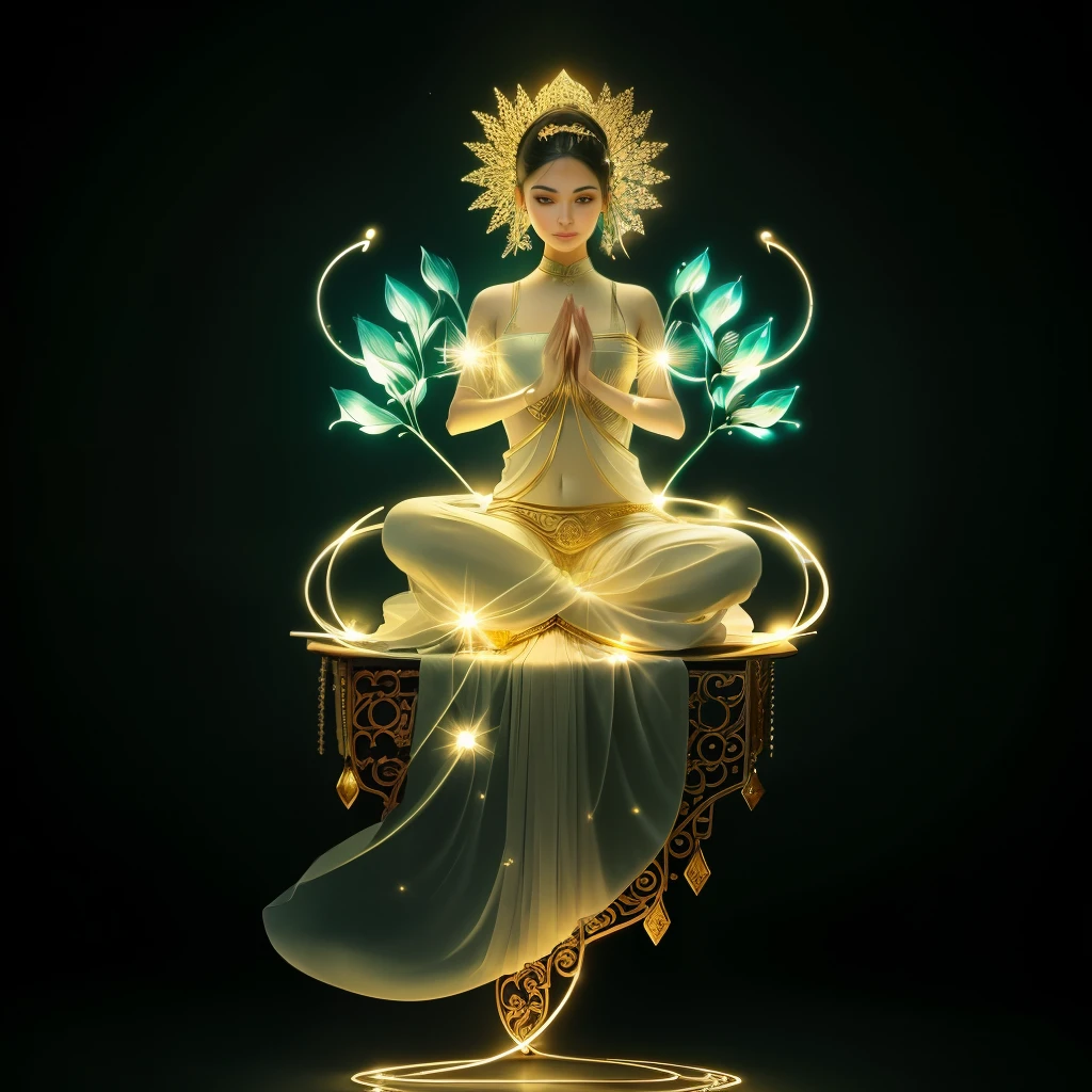 Beautiful woman dancing leisurely，The body is entwined with flowers and green leaves，bail_particle,光particle花朵，全由光particle组成的衣饰，Cross-legged lotus position,Sit on the lotus seat，A girl made of particle,The density of Metal Wire at the finger part is high,bail_Metal Wire,bail_Light elements,Transparent luminous body,Girl made of light,I have a lotus in my hand，White Ribbon，Delicate skin、shining，barefoot，（Long curved eyebrows），Beautiful eyes sparkling，What&#39;s the big deal?, 眼睛像gem一样闪闪发光，Clear pupils reflect light，Double eyelids，Eye bags，Looking at the camera，（（Full, Red lips）） clear and distinct，（（Red cheeks）），The mandible is very Full，绿色Delicate skin光滑，Delicate skin透亮，The streamers on the body are wrapped around the leaves，gem点缀，Exquisite smart crown，gem，BeautiFully and artFully set gemstones，（skirt），BeautiFully designed jewellery，Beautiful eyes looking straight into the camera，(((Good player)))，（（（（Good feet））），（（（Good legs））），Realistically，White skin，（（Correct body structure）），Gold Set，Blue sky，Head background round light，Behind him is a colorful rainbow circle，Color halo turned on，Front lighting，Masamitsu，No shadow on the face，There are no shadows on the body，Blue sky，Fantasy Space，The ethereal world，dreamworld，Blue sky白云，Masterpiece 4k，Ultra-clear，Professional Photography，look up，Standard lens shooting，