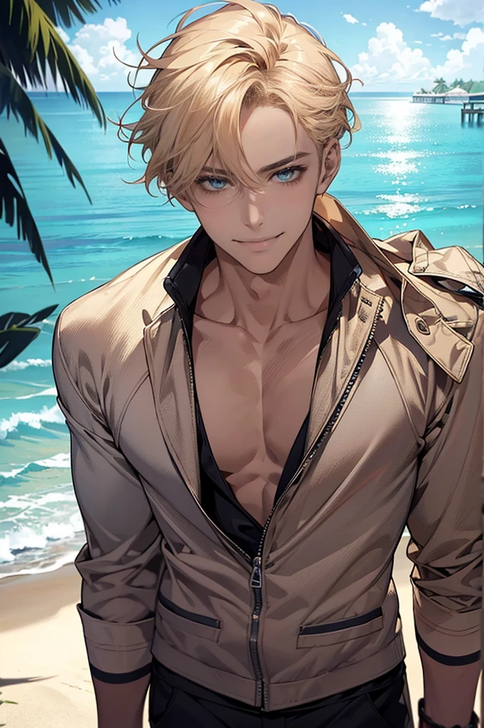 (absurdres, highres, ultra detailed), masterpiece, best quality, a boy with beach, solo, very short hair, blonde hair, handsome, finely eye and detailed face, open shirt, swim trunks, full body, real shadow, look away