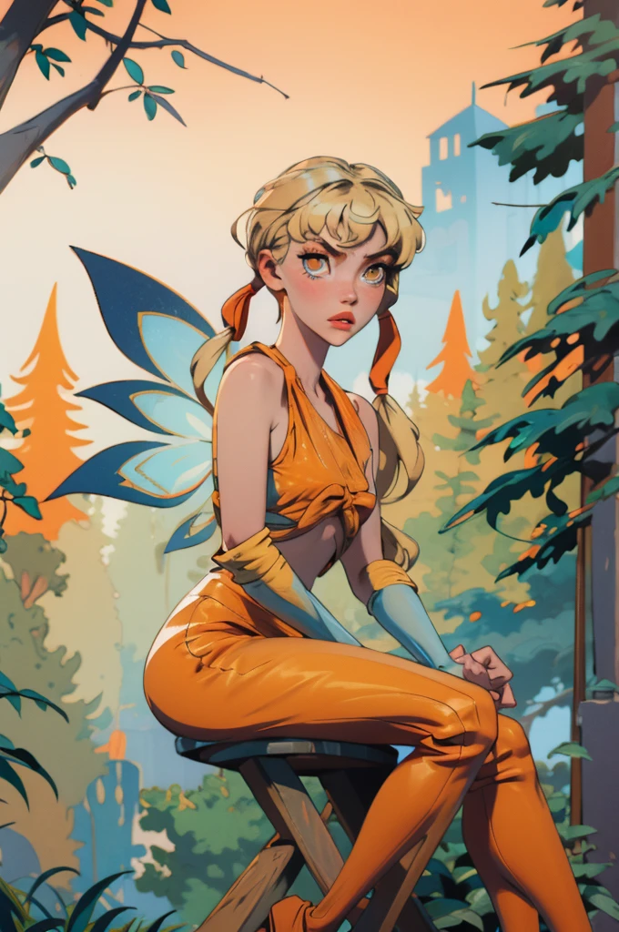 Stella, yellow eyes, blonde hair, FairyOutfit, twintails, long low pigtails, fairy wings, orange outfit, glittery clothes, sparkling clothing, looking at viewer, serious, parted lips, sitting, outside, forest, natural lighting, high quality, masterpiece,  broken wing