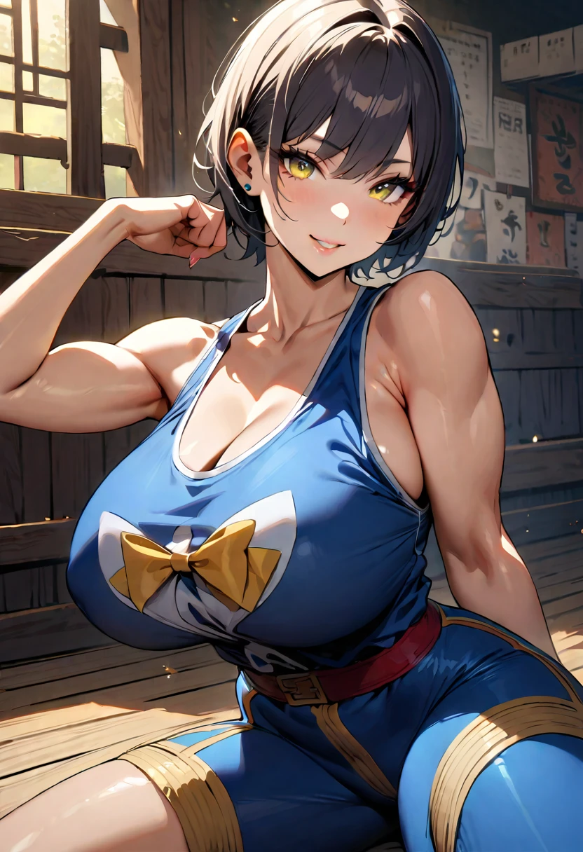 (masterpiece, Best Quality:1.4), One girl, Street Fighter、Chunli、Blue vest, Unitard, Blue trousers, Perfect fit, Yellow ribbon, Short Hair, Exposing shoulders, View your viewers, 美しいsmile, Beautiful Face, Highly detailed face, Highly detailed eyes, , Fuller lips, Detailed Background, Depth of written boundary, Volumetric lighting,  16K HDR, whole body, Street Fighter, Muscular, Abdominal muscles, dojo, Street Fighter Chun-Li, Perfect anatomy, Huge breasts, Sitting、Spread your legs、smile、