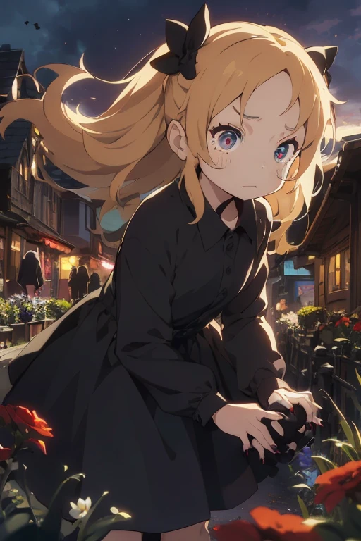 1 female, as a child, black long sleeve dress, blonde long hair, rosa cheeks, younger body, doll store, sad face, girl, black flowers, sad dark sky, black nails, tears in her face, sadness