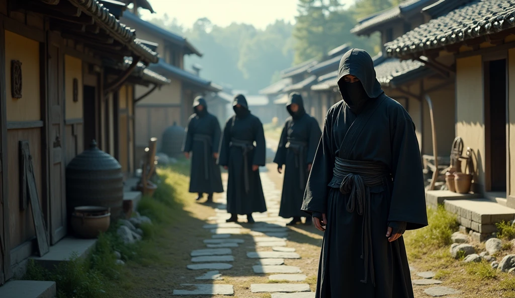Japanese ninja in ninja uniform holding a katana with other ninjas in training