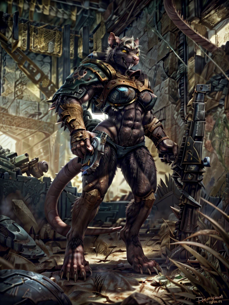 solo,anthro, rat, rodent, skaven, fluffy, safe, rat tail, hairy, warhammer fantasy, vermintide, front view, black body:1.3,masterpiece,highly detailed,8k resolution,solo,ultra detailed perfect piece,masterpiece,extremely detailed CG 8k,very fine 8K CG,best quality,absurdres,zoomed out view,full body view, full length portrait,((anthro)), 8k, 4k, 2k, detailed, intricate, (female), ((solo)), ((detailed fur)),Perfect Anatomy

Detailed background,a desert themed wasteland in a battle feild, in control of other skaven

Character a very big and tall Skaven female,Dcups,thick thighs,feminine muscular with abs,muscular arms,muscular legs,short white hair in a bob cut,thick messy fur on the body,dark black fur only,golden yellow eyes,one singular long pink rat tail,a pink nose on her snout,sharp fanged teeth on the muzzle,hands and feet being pink and rat like paws like with long and sharp claws for, she is smiling and confidently
she wears nothing but a space marine’s armor but with no helmet or gloves, the armor is scavanged up and themed to fit for a skaven, has a backpack full of tools and weapons on the sides od it as well, has a large machine gun, a blue steel axe infused with electricity or lightling, also has a railgun for a sniper rifle too

by personalami, by zephyxus, by darkgem, by null-ghost, skaven, MFBP1