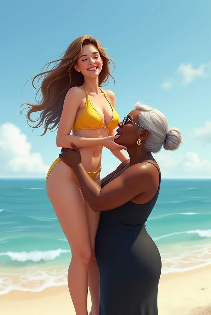 Create a photo of a 30 year old young woman, with long light brown hair with strands of hair on the face, slender and beautiful body, wearing sunglasses, wearing a yellow bikini, with white and clear skin, sitting on the lap of an elderly black lady's legs, dark-skinned, obese, did, with short hair who is wearing a blue swimsuit and glasses