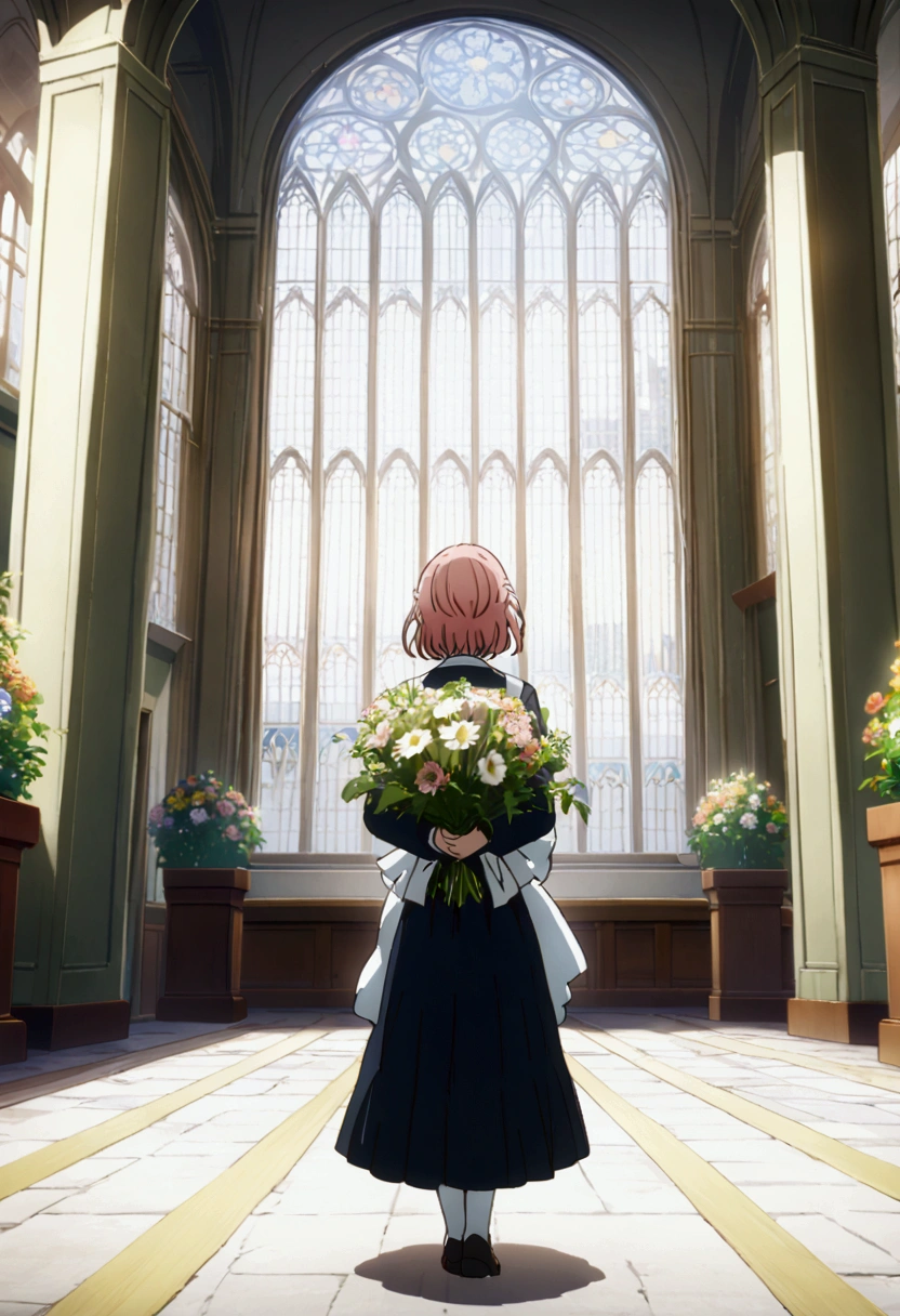 A short hair girl giving a bouquet of flowers to a tall boy. School background, girl is bowing down and arms outstretched giving a bouquet of flowers to, the boy is smiling at the girl, full body view, back facing to the camera, back view, full body view, front view, anime scene.