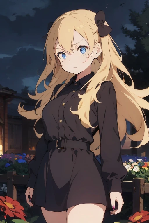 1 female, teenage girl, black long sleeve dress, blonde long hair, rosa cheeks, huge breast, doll store, sad face, girl, black flowers, sad dark sky, black nails, tears in her face, sadness