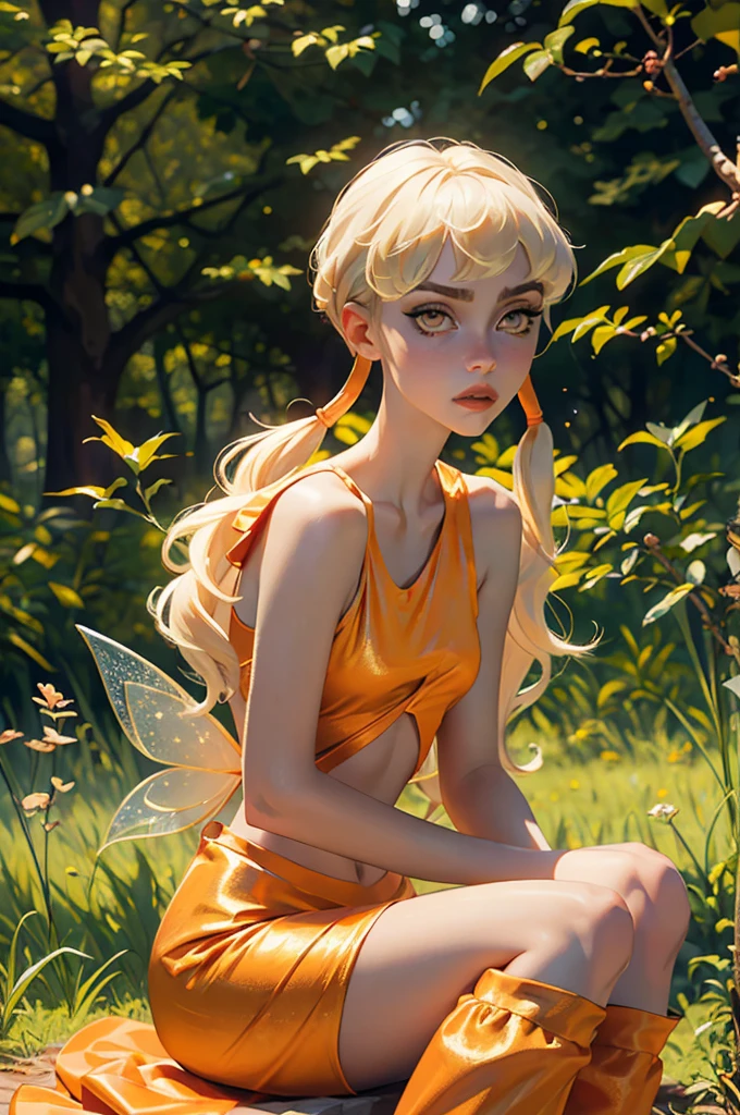 Stella, yellow eyes, blonde hair, FairyOutfit, twintails, long low pigtails, fairy wings, orange outfit, glittery clothes, sparkling clothing, looking at viewer, serious, parted lips, sitting, outside, forest, natural lighting, high quality, masterpiece,  broken wing 1girl, High Resolution, Accurate, Masterpiece, Anatomically Correct, 