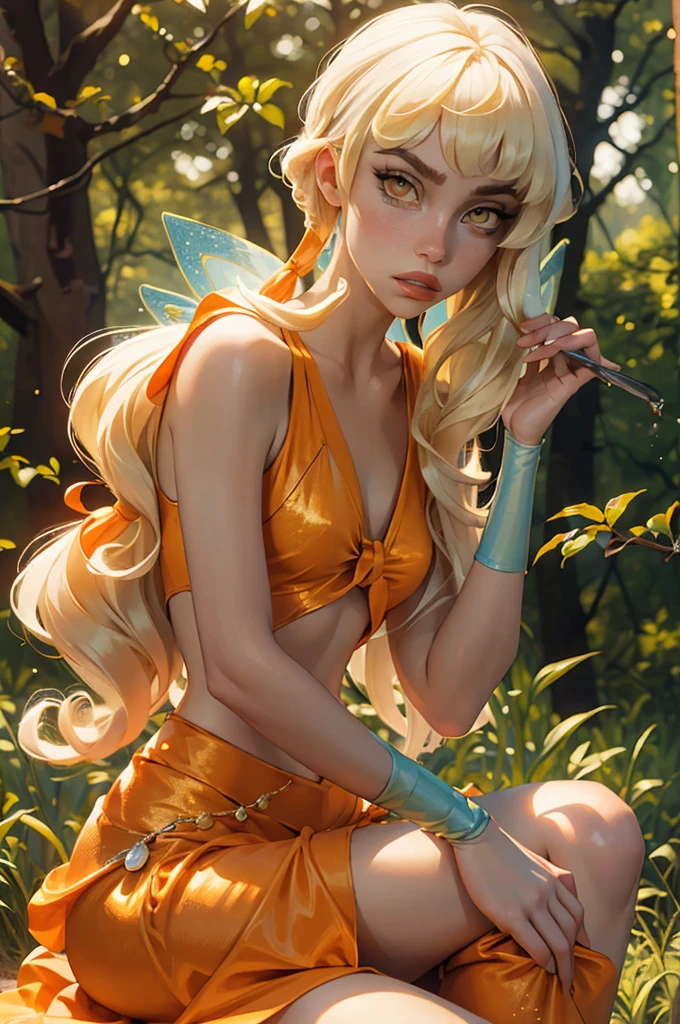 Stella, yellow eyes, blonde hair, FairyOutfit, hair down, fairy wings, orange outfit, glittery clothes, sparkling clothing, looking at viewer, serious, parted lips, sitting, outside, forest, natural lighting, high quality, masterpiece,  broken wing 1girl, High Resolution, Accurate, Masterpiece, Anatomically Correct,  