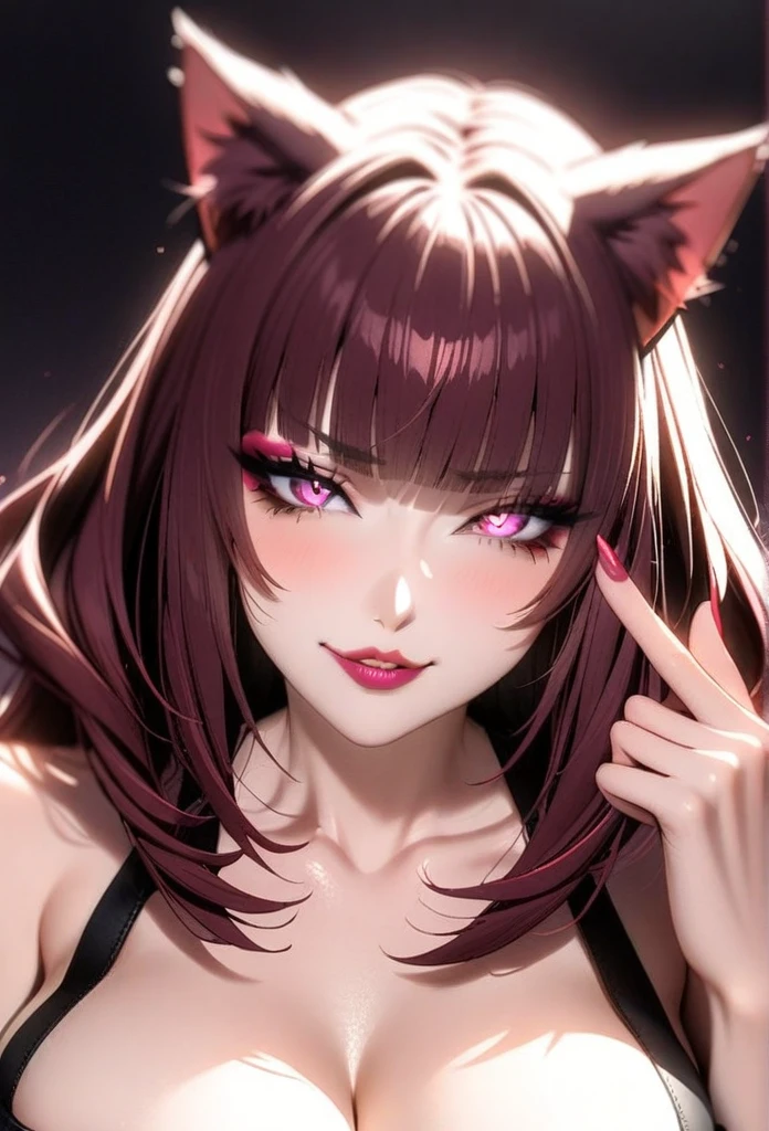 Two-dimensional girl, a girl, standing, long black hair, messy big waves, pink eyes, black shirt, big breasts, mysterious color, black fox ears, high-quality pictures, beautiful big eyes, tsundere face,