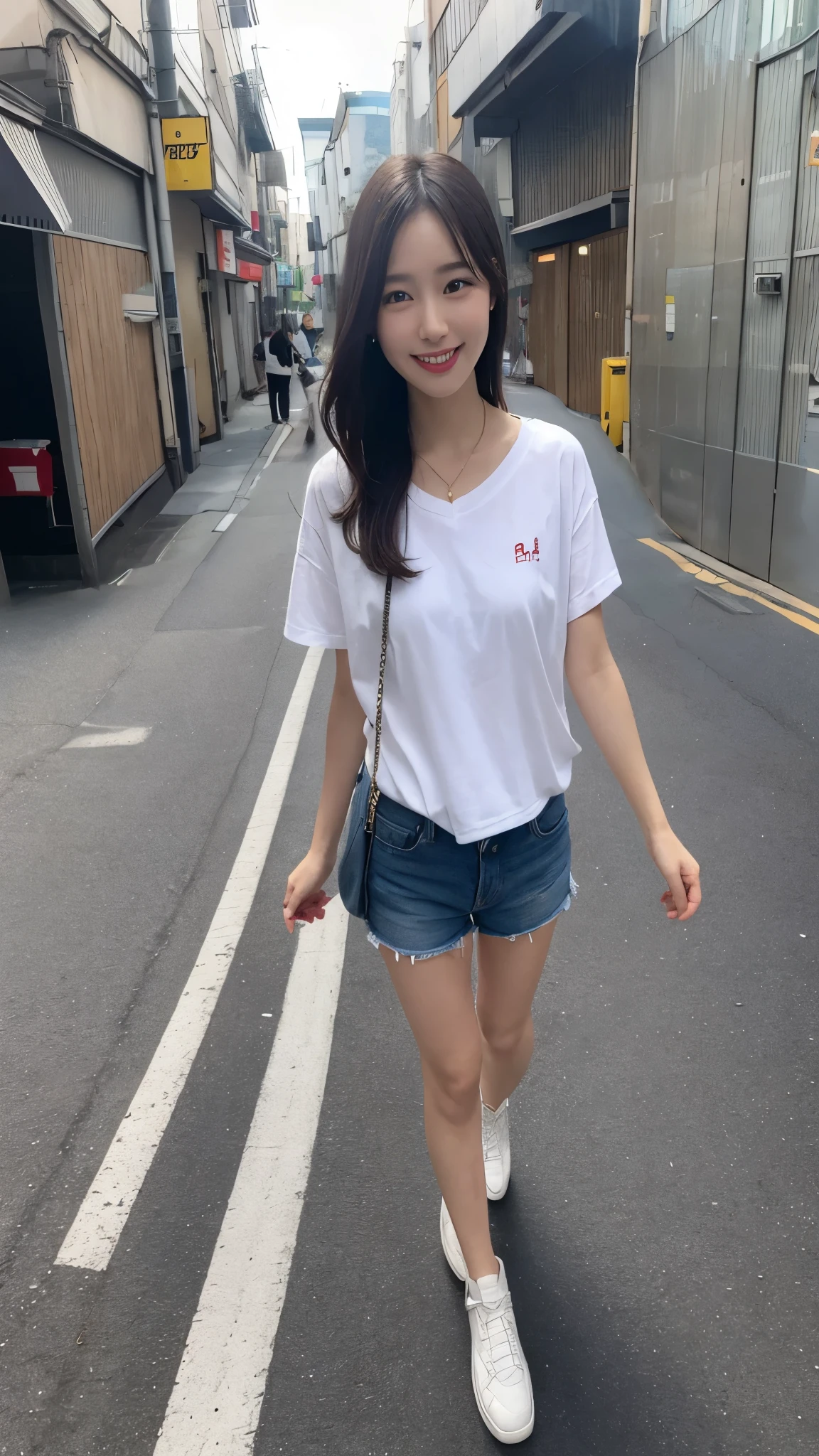 A woman walking down a street in a white shirt and denim shorts - SeaArt AI