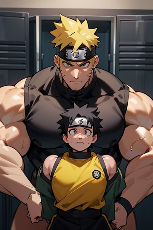 Naruto Uzumaki and Kakashi stand in a locker room being brainwashed by Sasuke's Sharingan to be big dumb muscle thralls with slumped shoulders and slack jaws saying, "Bigger ... dumber.... Must ... obey ... Uchihah Clan.... Yes, Master Sasuke, ... I am too stupid to lead. I am your dumb muscle thrall. I obey.... Stare. Sink. Dumb. Obey. Flex. Serve. Grow. Obey. I obey.... We obey.... Obey Master Uchihah.... All will serve. All will obey...." Hyper muscles. Big biceps. Big triceps. Big traps. Broad shoulders. Big meaty pecs. Big deltoids. Hyper swollen crotch bulge. Bro. Meathead. Musclehead. Dumber and dumber. IQ drain. Brainwash. Brainwashed. Brainwashing. Hypnosis. Hypnotized. Trance. Entranced. Brute. Brutification. Hairy chest. Hairy armpits. Treasure trail. Stubble. Muscle. Obedient thrall. stupid. vapid. Stupid stare. vapid stare. 