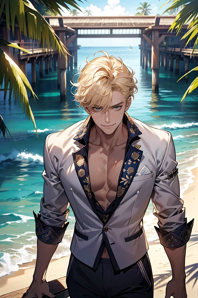 absurdres, highres, ultra detailed, HDR, master piece, best quality, extremely detailed, detailed eyes, Quincy, blonde hair, slicked back hair, ruffled hair, expressive amber eyes, Nu Carnival, solo, sexy man, handsome, horny, lewd, cropped white jacket, blue long sleeves, necklace, showing the chest, tight black small boxer, island, sea, beach, petals, summer land