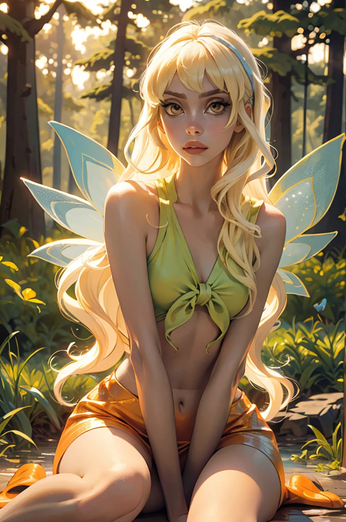 Stella, yellow eyes, blonde hair, FairyOutfit, hair down, big beautiful fairy wings wings, orange outfit, glittery clothes, sparkling clothing, looking at viewer, serious, parted lips, sitting, outside, forest, natural lighting, high quality, masterpiece,  broken wing 1girl, High Resolution, Accurate, Masterpiece, Anatomically Correct,  